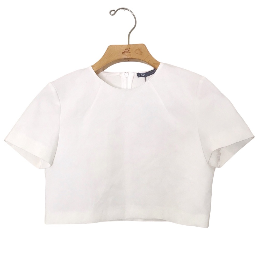 Zara Crop Top Structured Short Sleeve Blouse Off White Cream NWT S XS